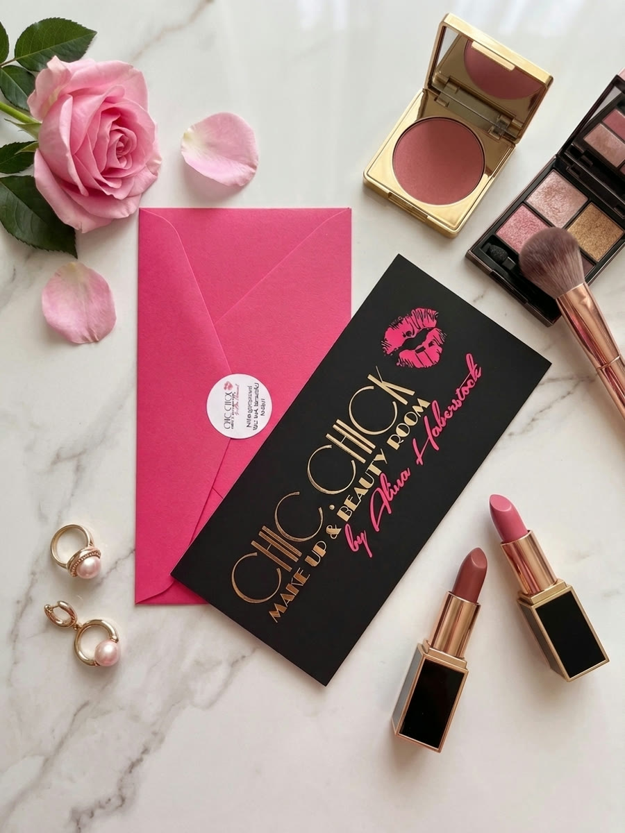 Elegancki voucher podarunkowy CHIC.CHICK w firmowej kopercie z różą i kosmetykami